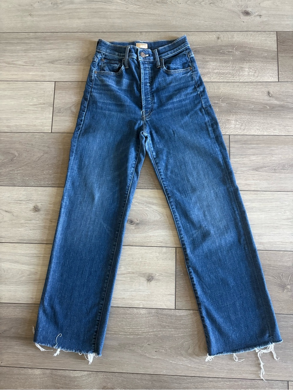 MOTHER Dark Blue Straight Jeans with Raw Hem